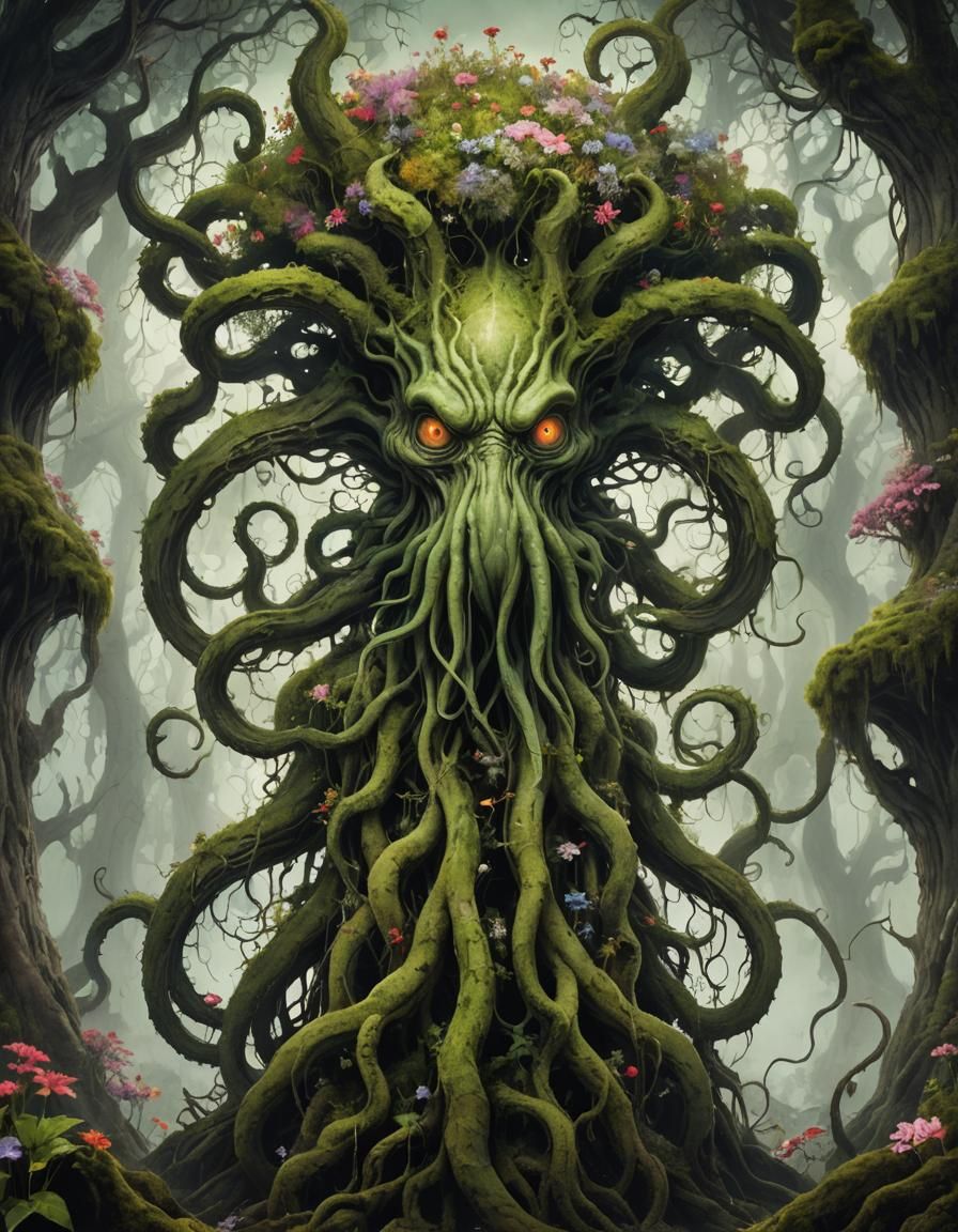 Cthulhu Tree Hybrid with Wildflowers in Grunge Aesthetic