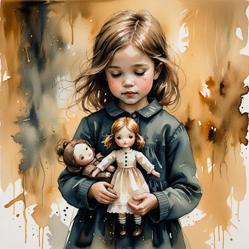 Girl with Doll in Modern Ink Painting