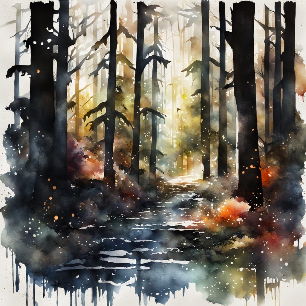 Dark Cinematic Watercolor Forest Scene with Gouache Accents