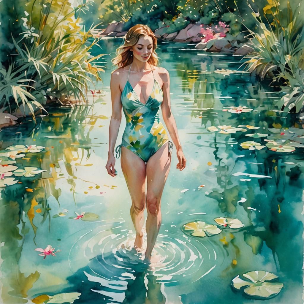 Woman in Turquoise Water: Impressionist Watercolour