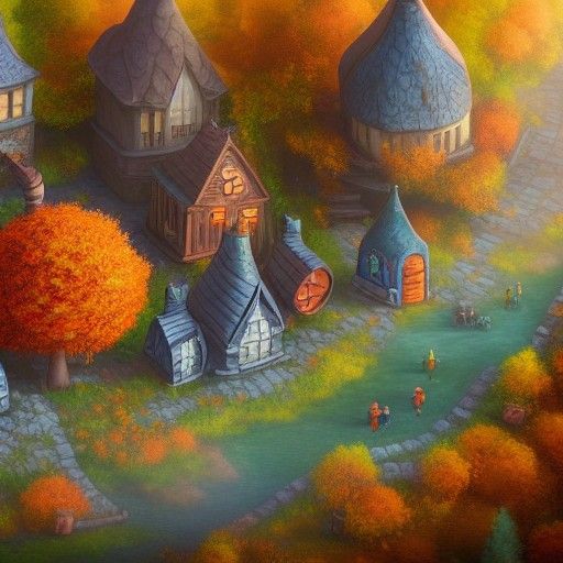 Autumn Gnome Village Street in Detailed Matte Painting