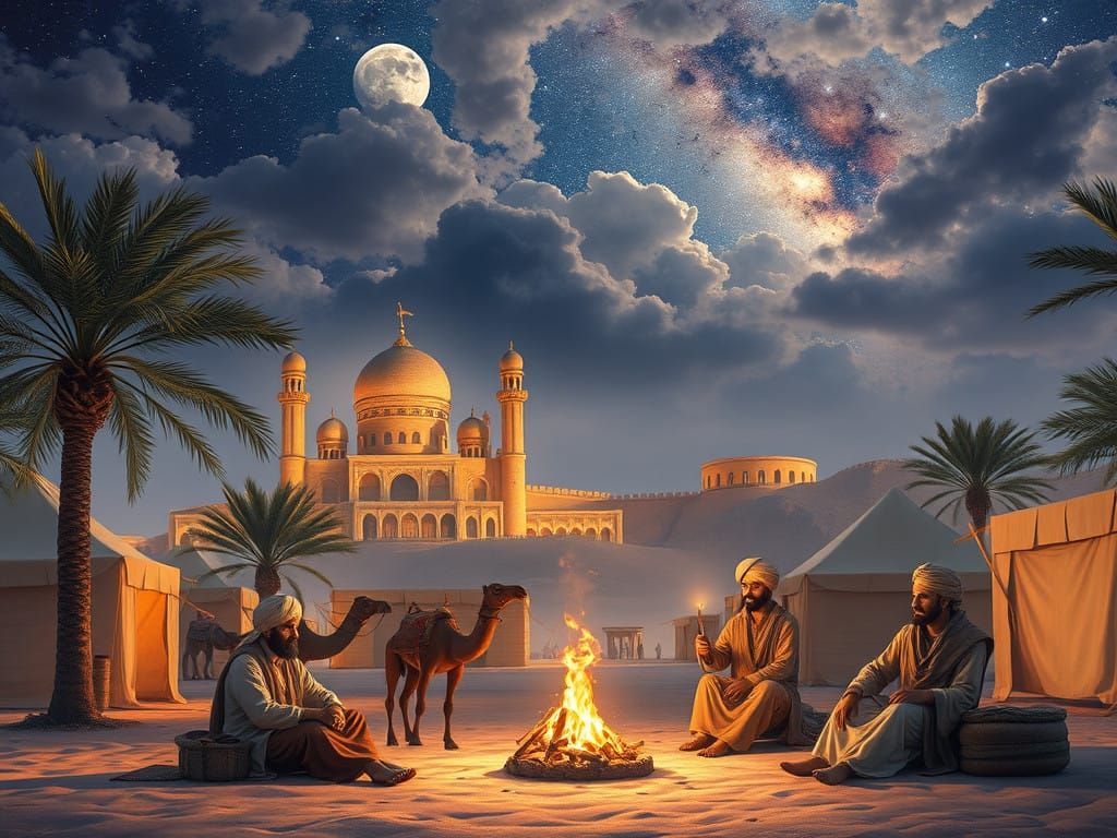 Ancient City Oasis Scene in Dreamy Pastel Watercolor