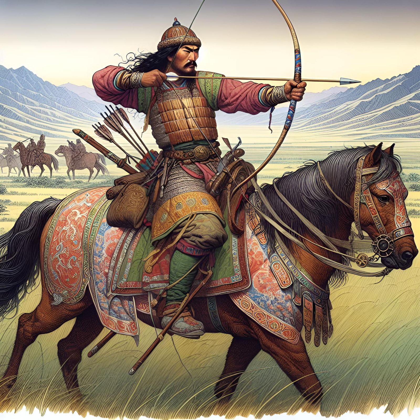 Mongol Cavalry Archer in Traditional Asiatic Art Style