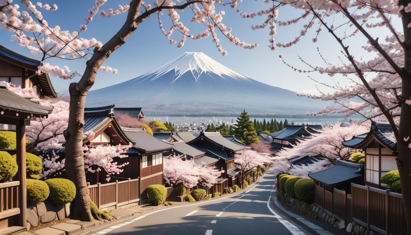 Traditional Japanese Village with Cherry Blossoms and Mount....