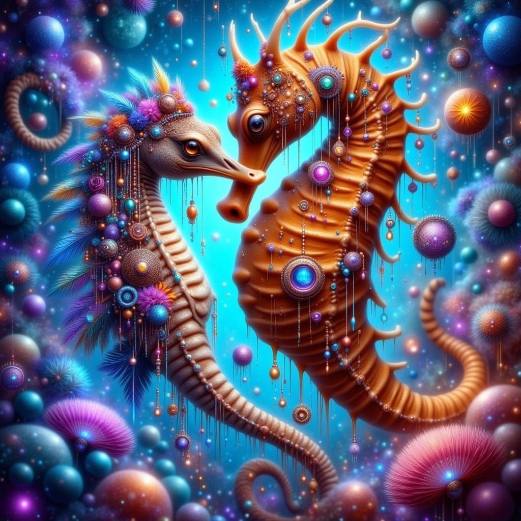Seahorses in Whimsical, Dreamlike Environments with Triadic...