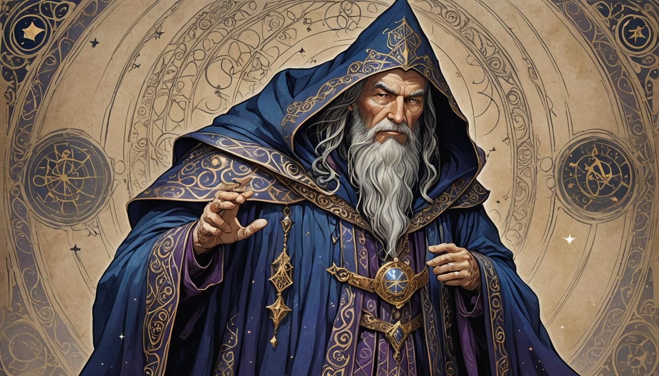 Enigmatic Wizard with Magical Staff and Ancient Tome