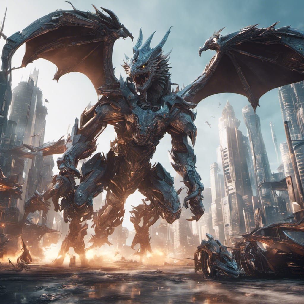 Dragons Assaulting Futuristic City in Sci-Fi Style
