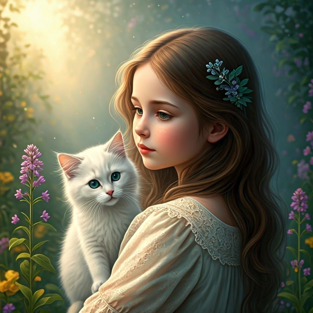 Whispers of Wonder: An Enchanted Girl and Her Feline Compani...