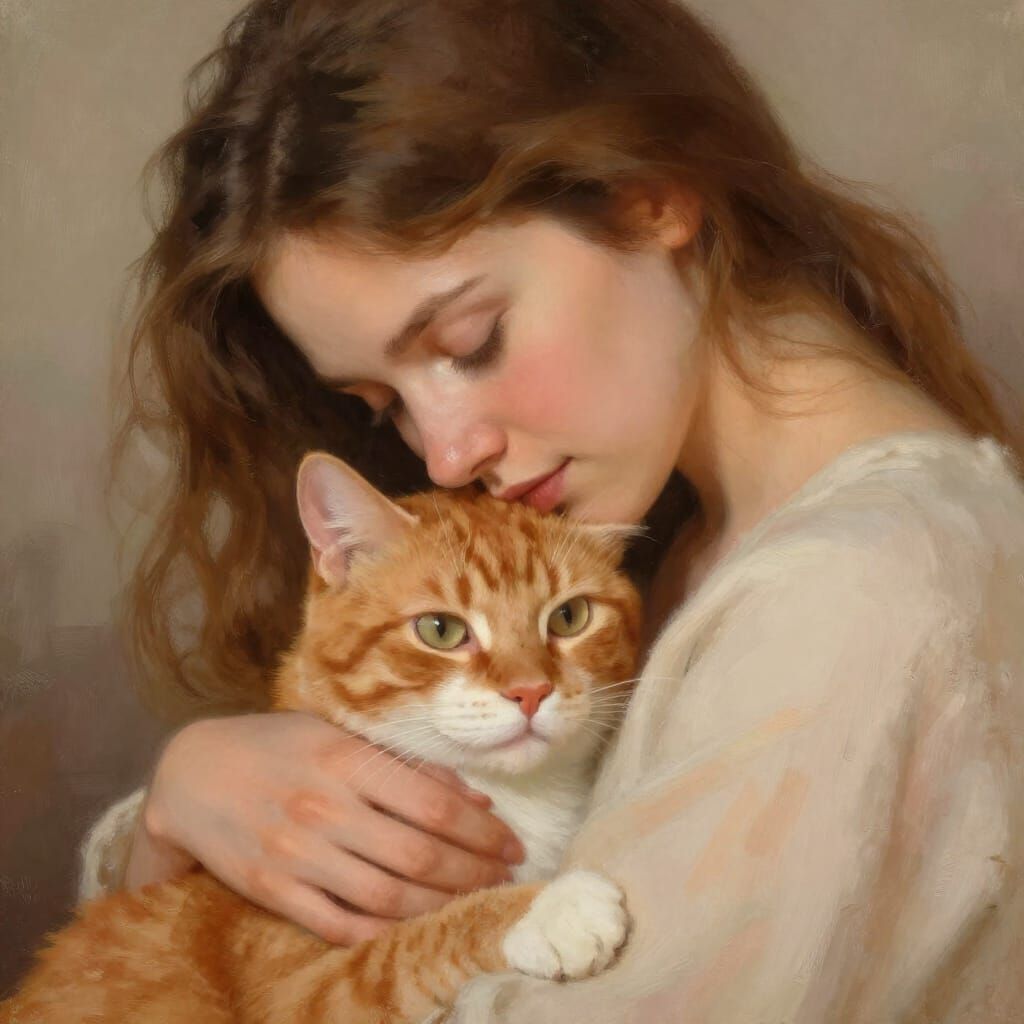 Woman Embraces Affectionate Ginger Cat in Painterly Style