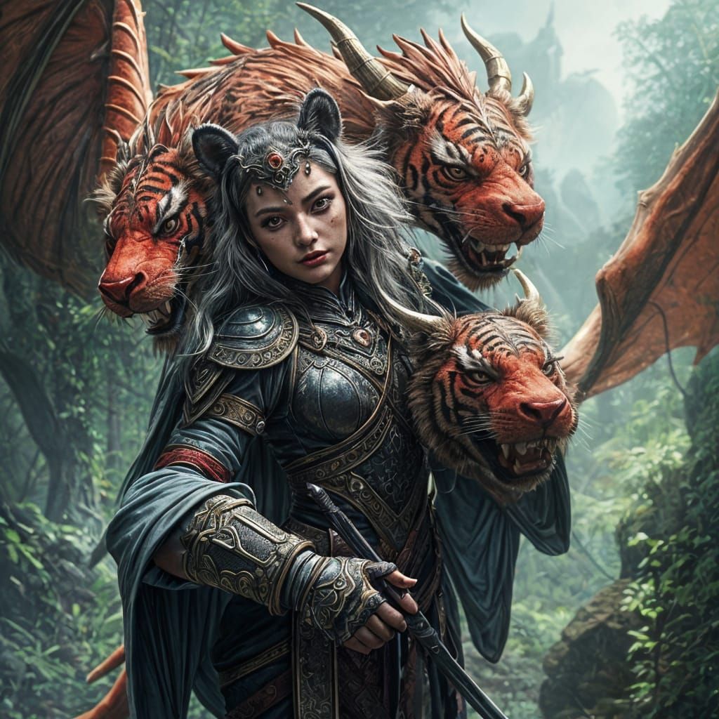 Tiger Princess with Red Dragon: Fantasy Art