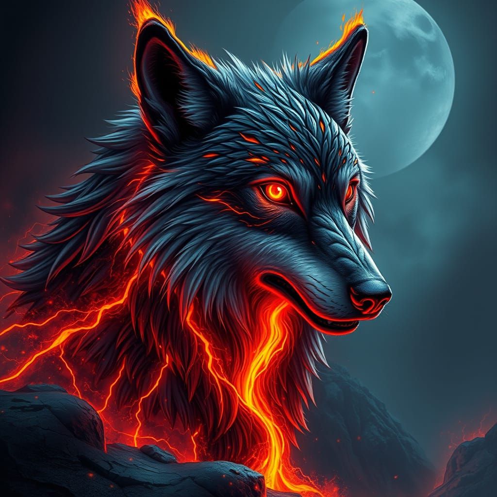 Fiery Lava Wolf in Dark Fantasy Style