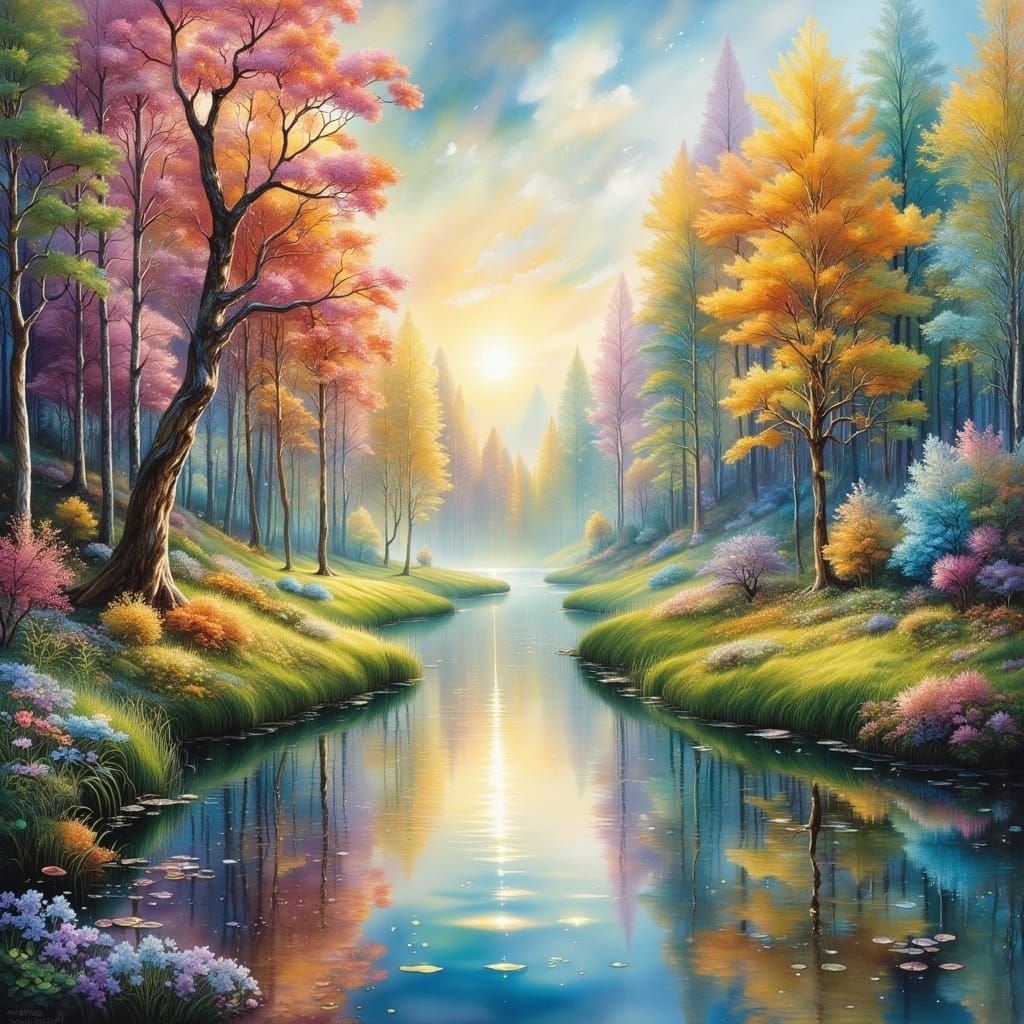 Fantasy Trees on Peninsula in Pastel Hues