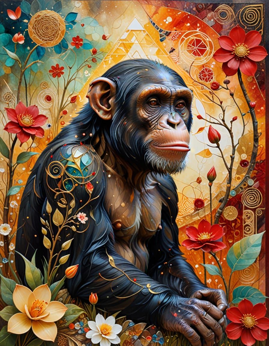 Chimpanzee and Duckling in Surreal Abstract Painting