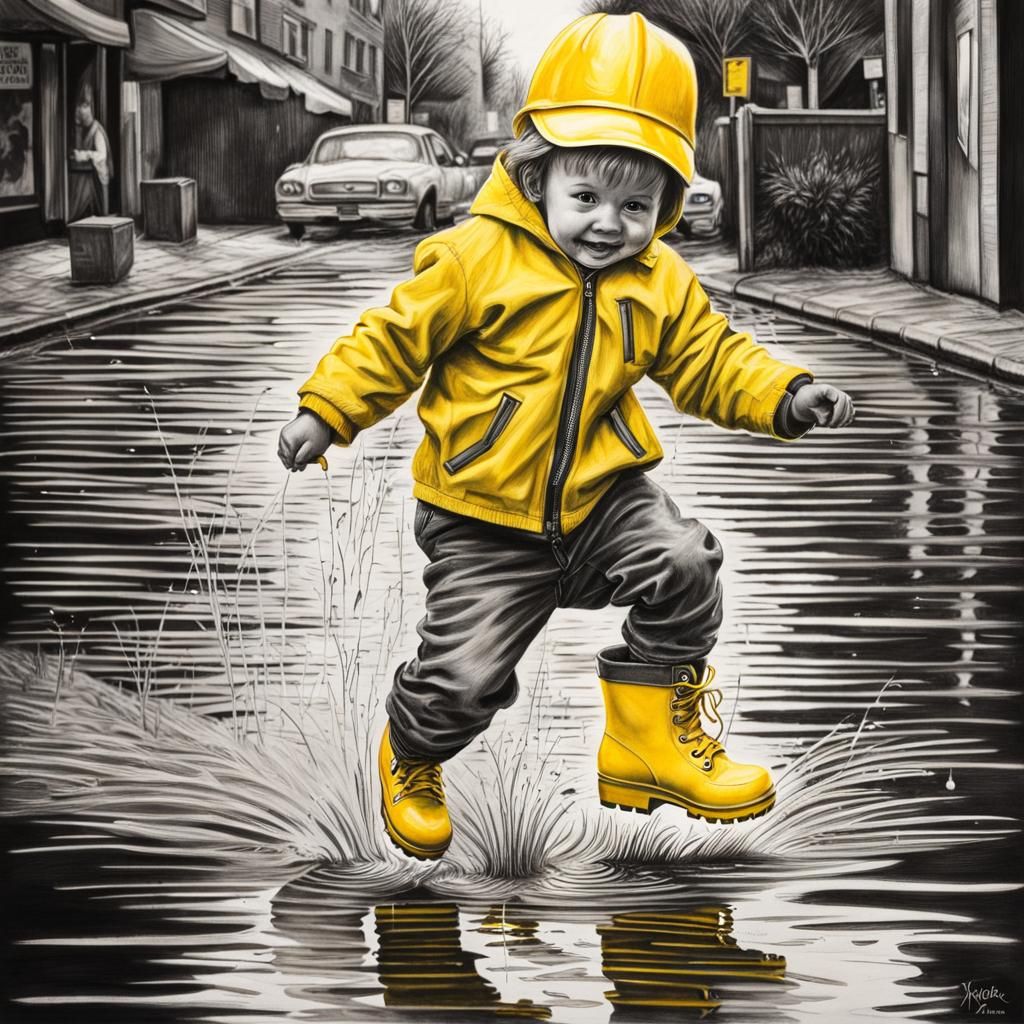 Toddler's Joy: A Photorealistic Charcoal Puddle Jump