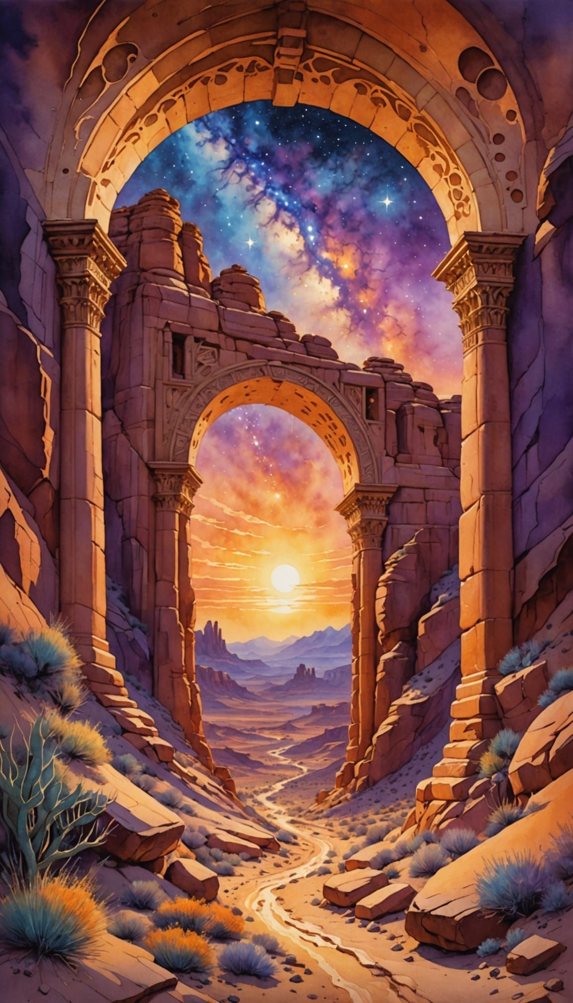Desert Archway with Cosmic Portal at Sunset