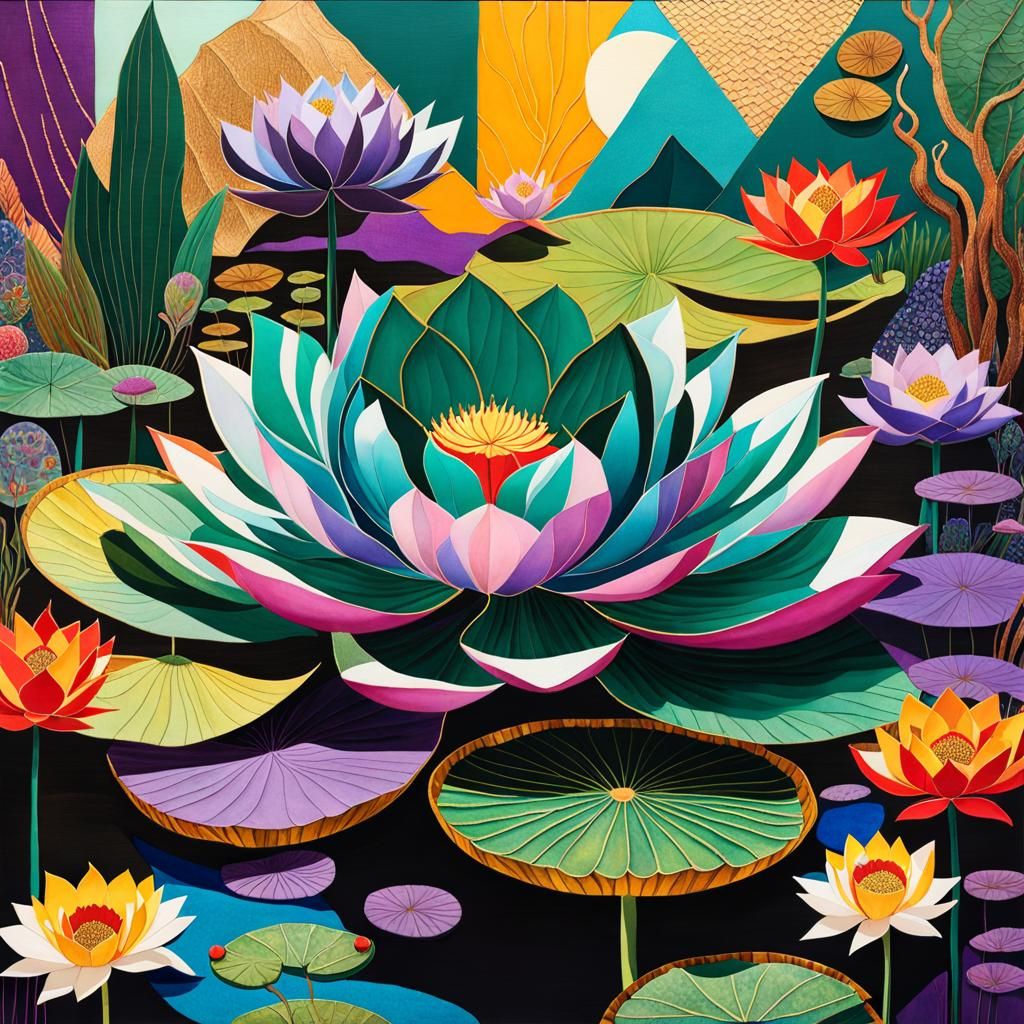 Vibrant Lotus Pond Collage in Surreal Mixed-Media Style
