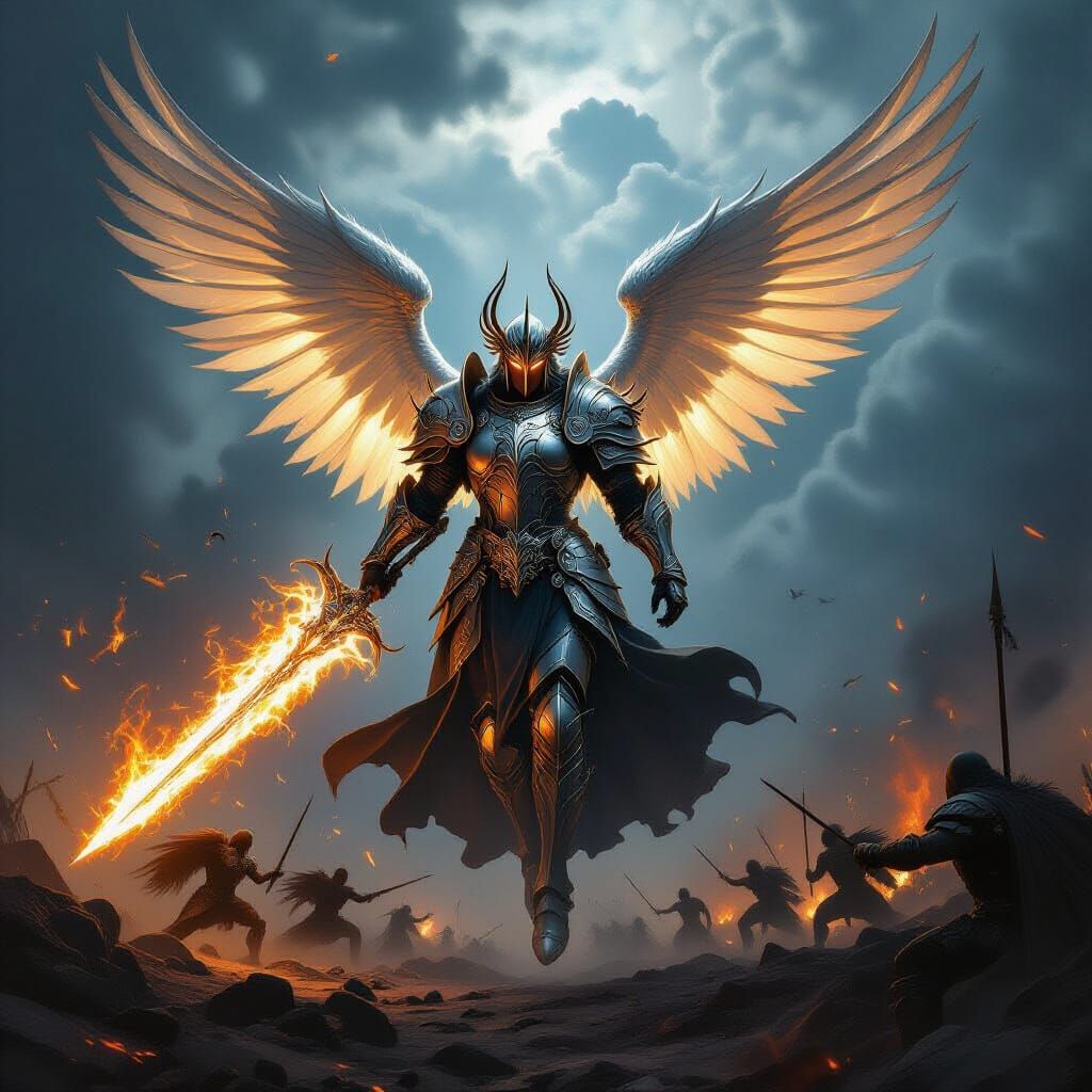 Archangel Descends with Flaming Sword in Cosmic Battle