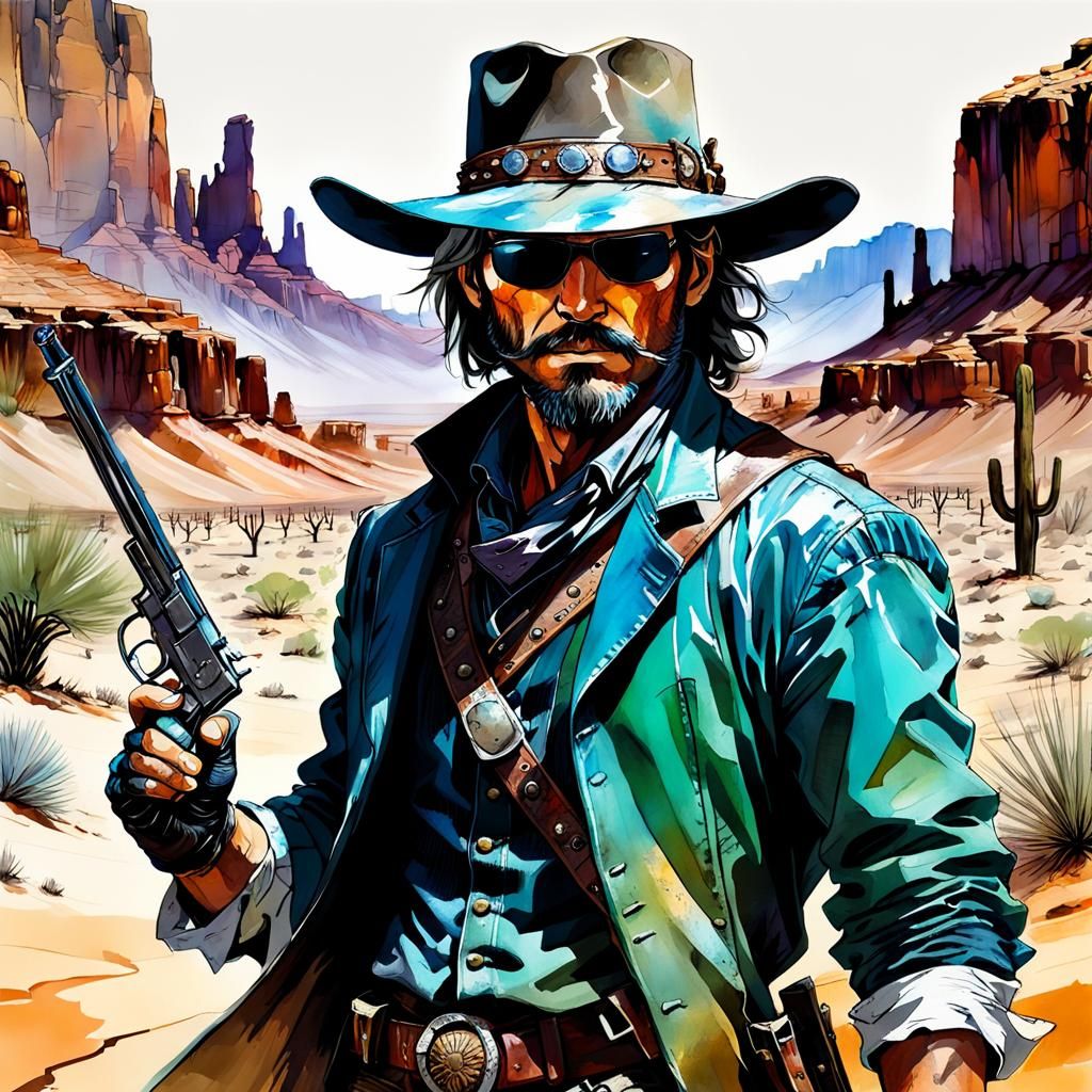 Wild West Bandit in Desert Oasis Illustration
