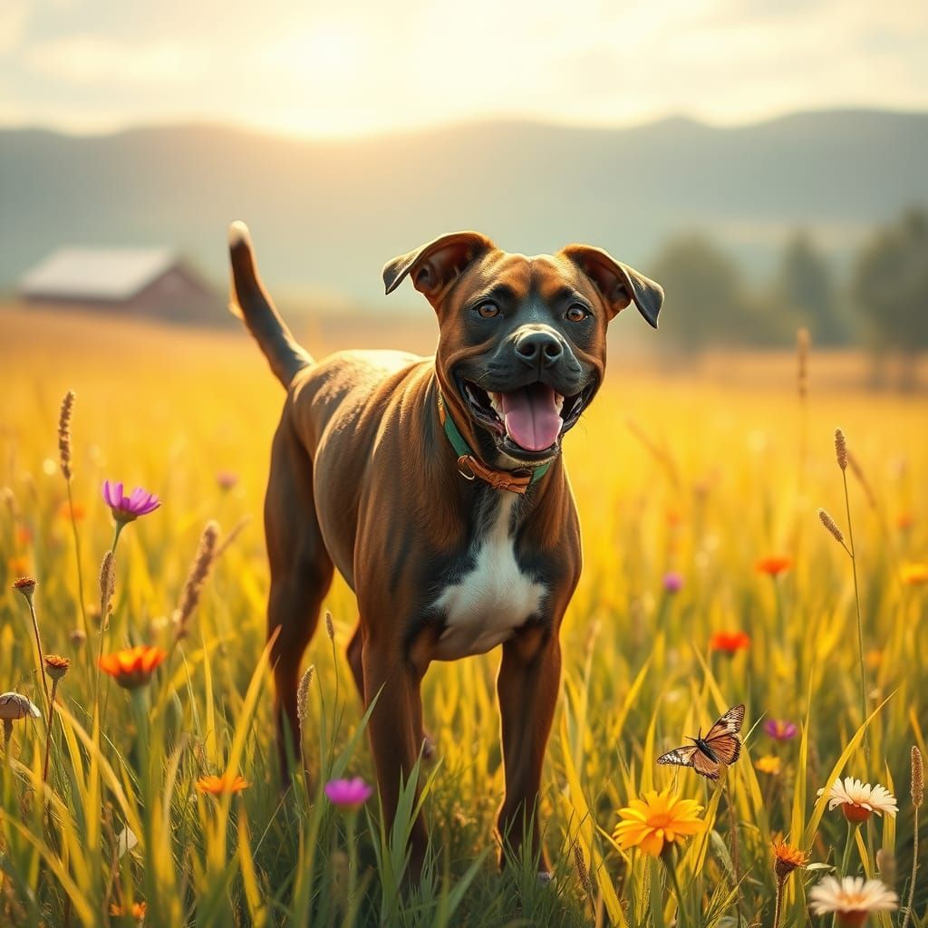 Brindle Terrier Mix in Whimsical Countryside Setting