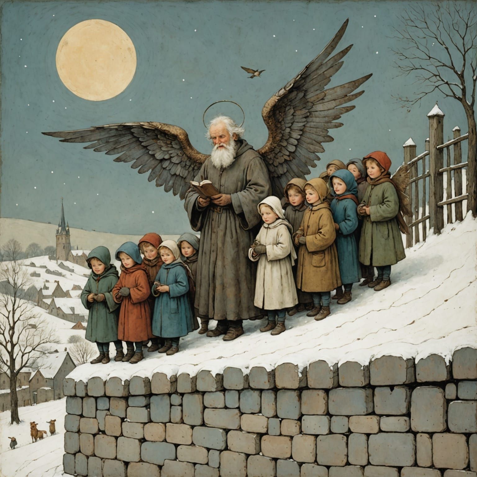Serene Angel Watching Children Play in Snow