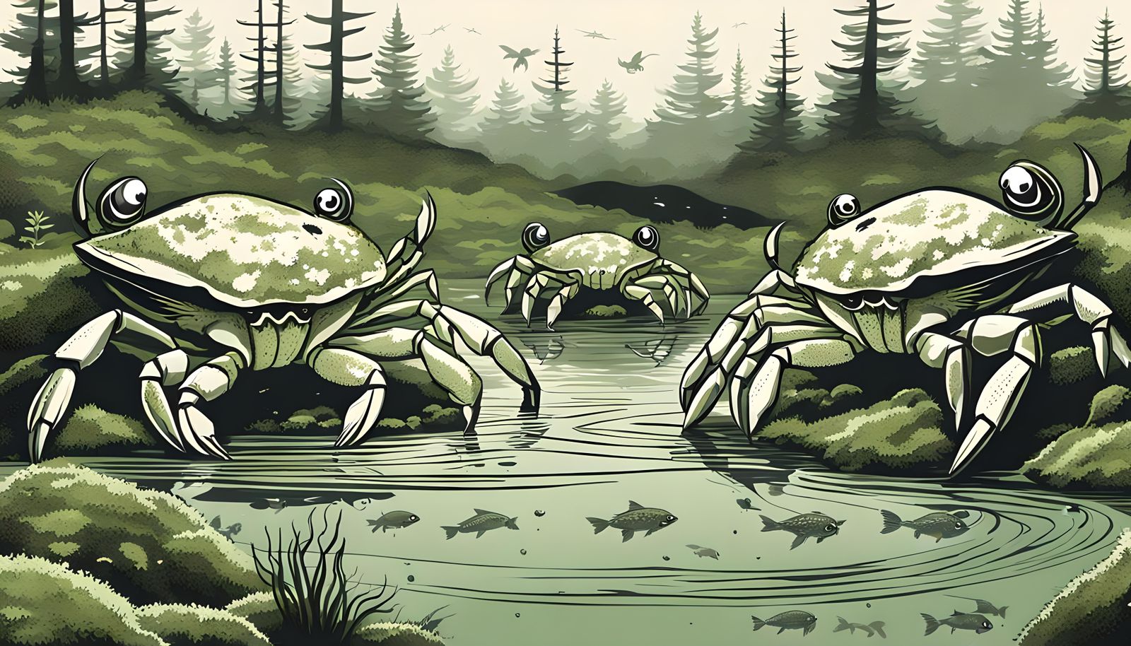 Giant Crabs Hunting Fish in Mossy Pond