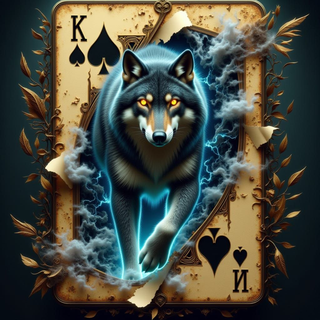 Wolf Emerging from Antique Playing Card