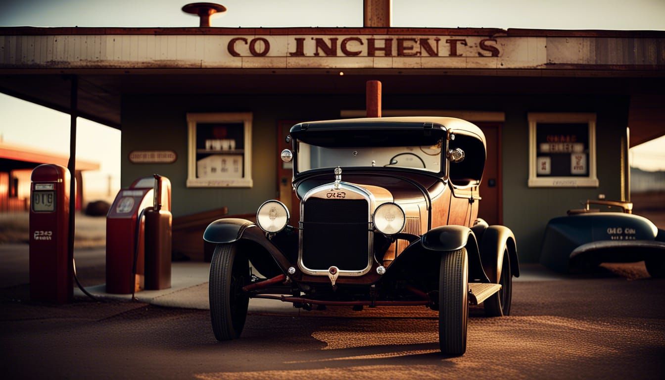 Vintage Ford at Route 66 Gas Station