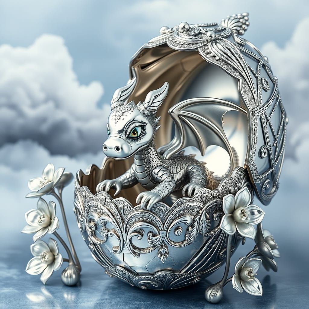 Surreal Chrome Sculpture of a Baby Dragon Inside a Fabergé E...
