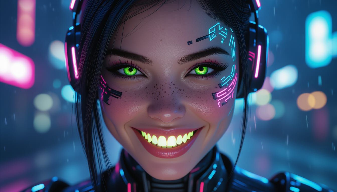 Cyberpunk Girl's Neon Smile Portrait
