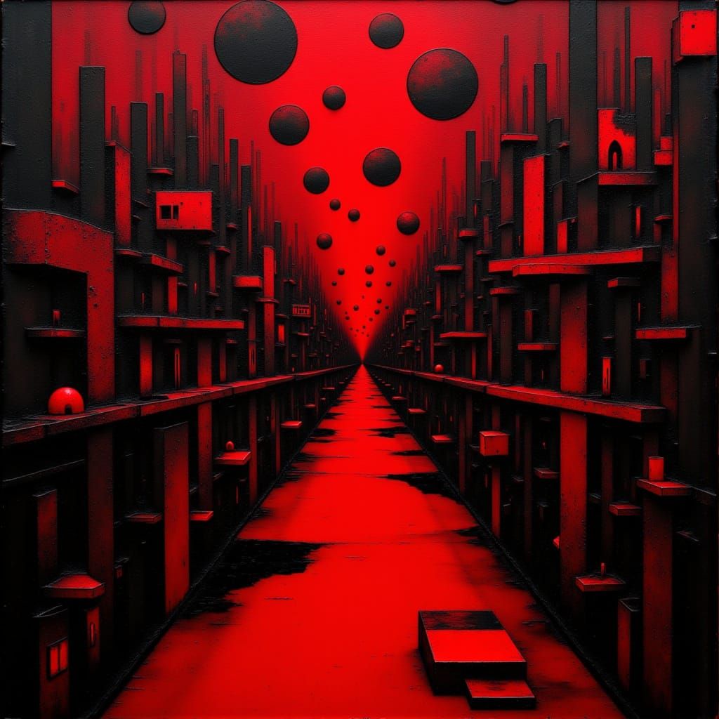 Surreal Black and Red Scene with Two Vanishing Points