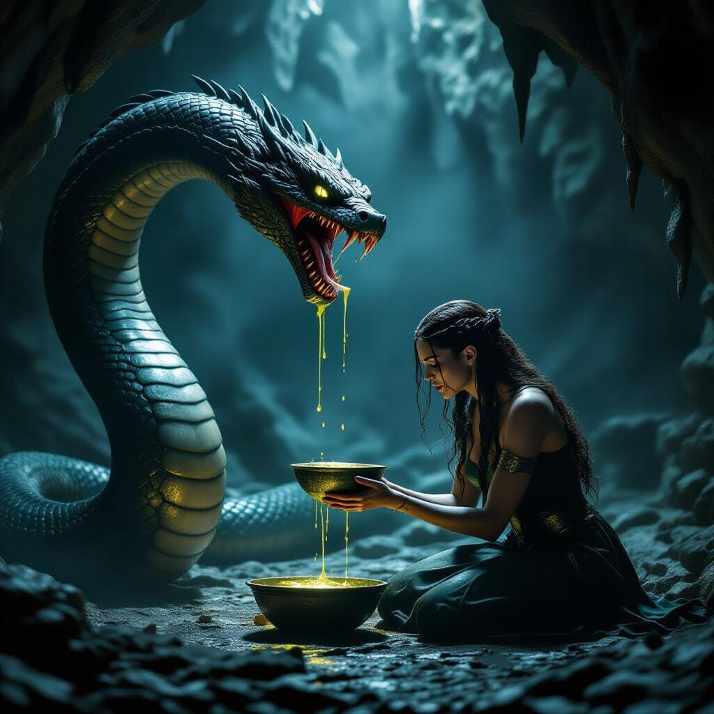 Loki's Torment: A Cinematic Scene of Norse Myth