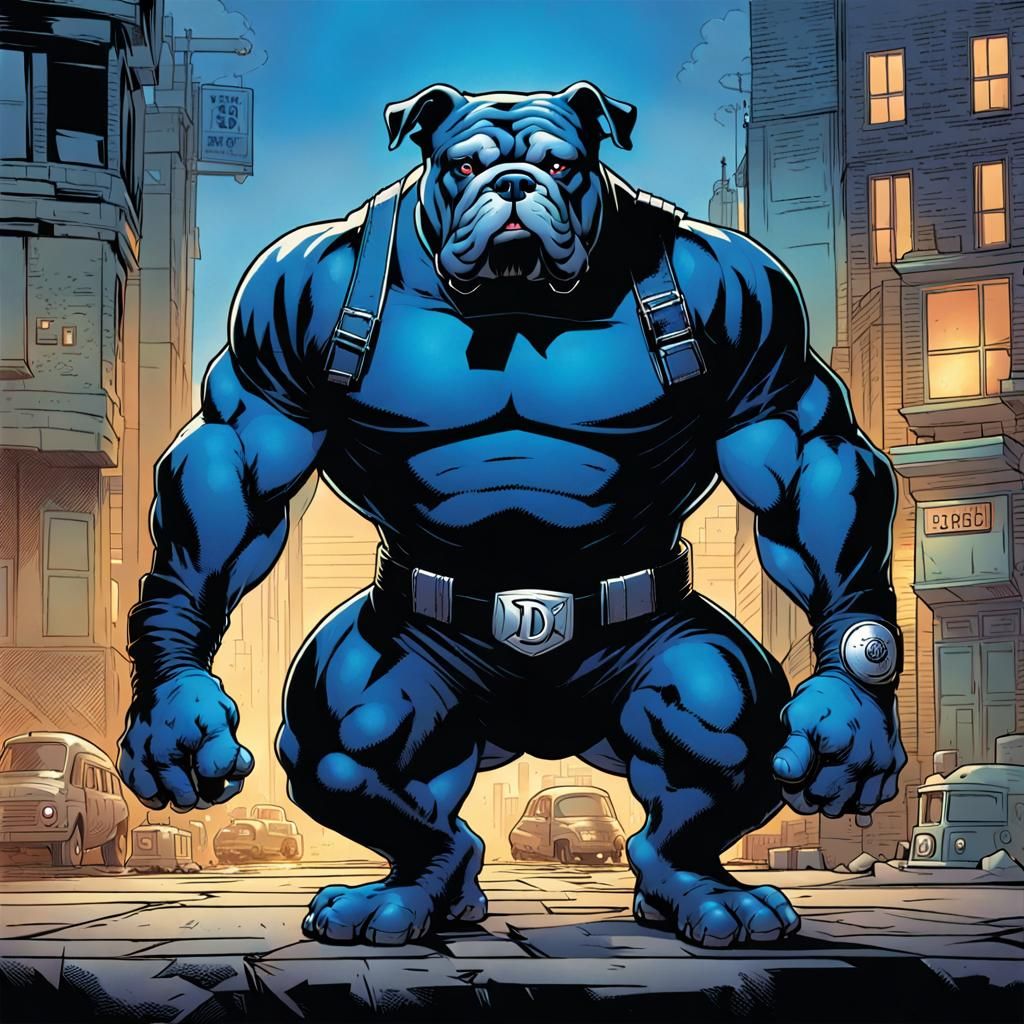 Blue Bulldog sitting upright wearing a full body skin tight ...