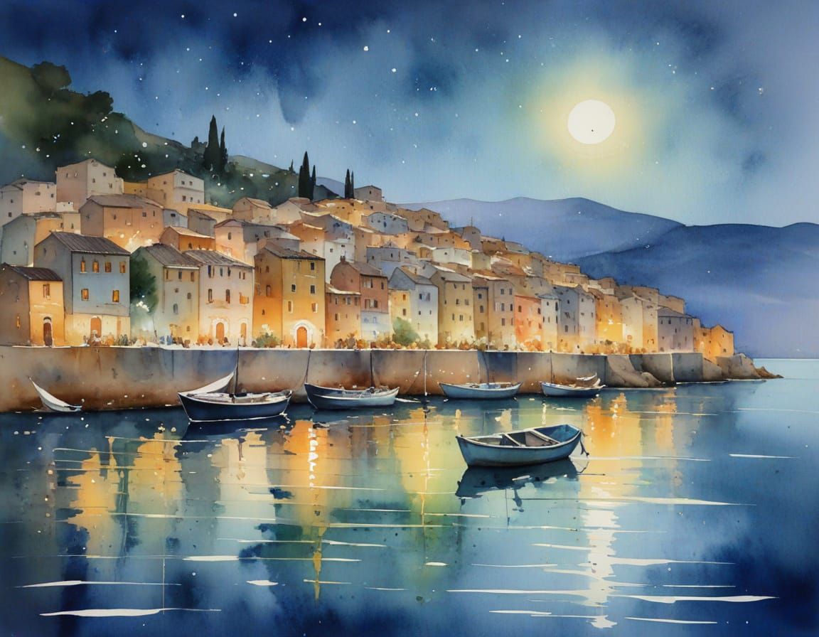 Moonlit Mediterranean Village in Delicate Watercolour