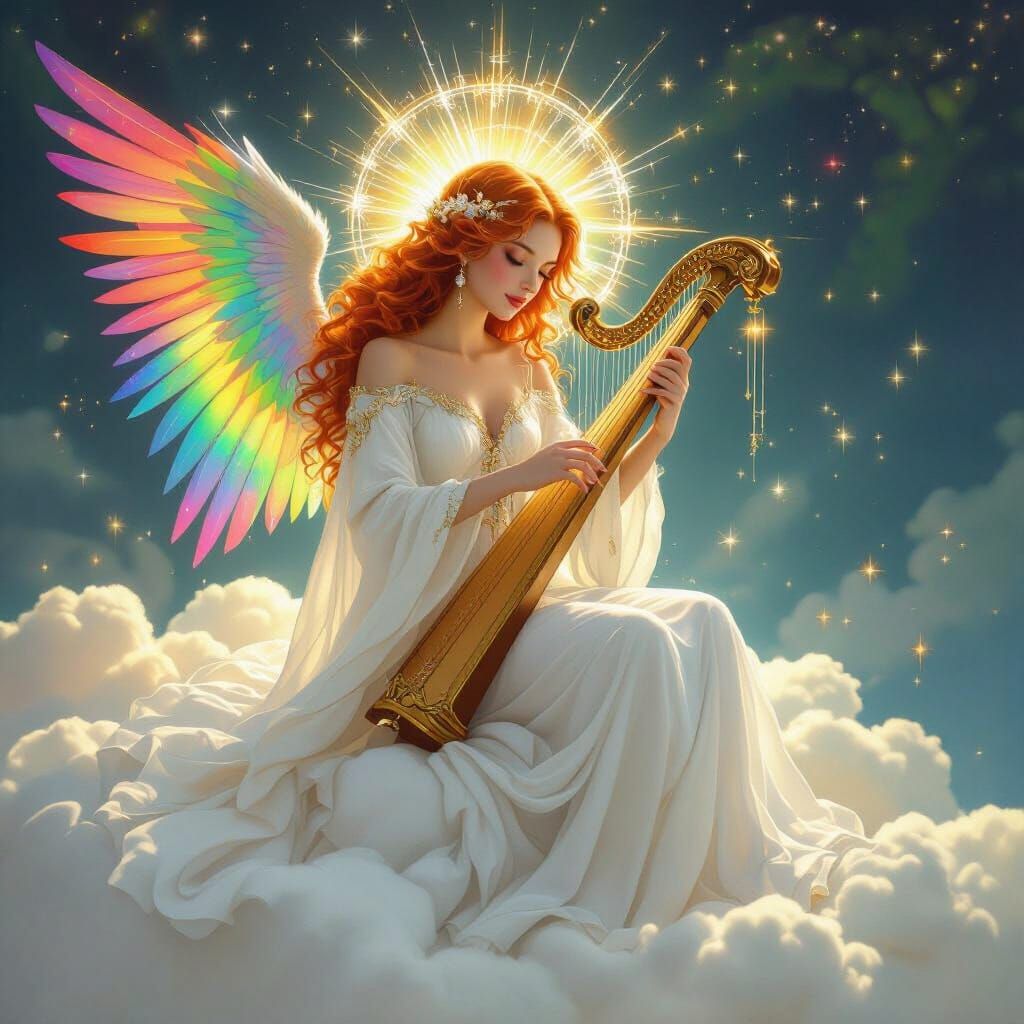 Ethereal Angel Playing Harp with Rainbow Wings