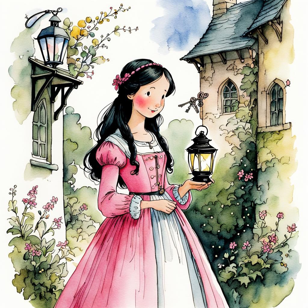 Medieval Maiden with Lantern: Storybook Illustration