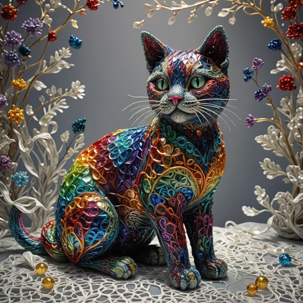 Polychromatic Knitted Glass Cat Sculpture