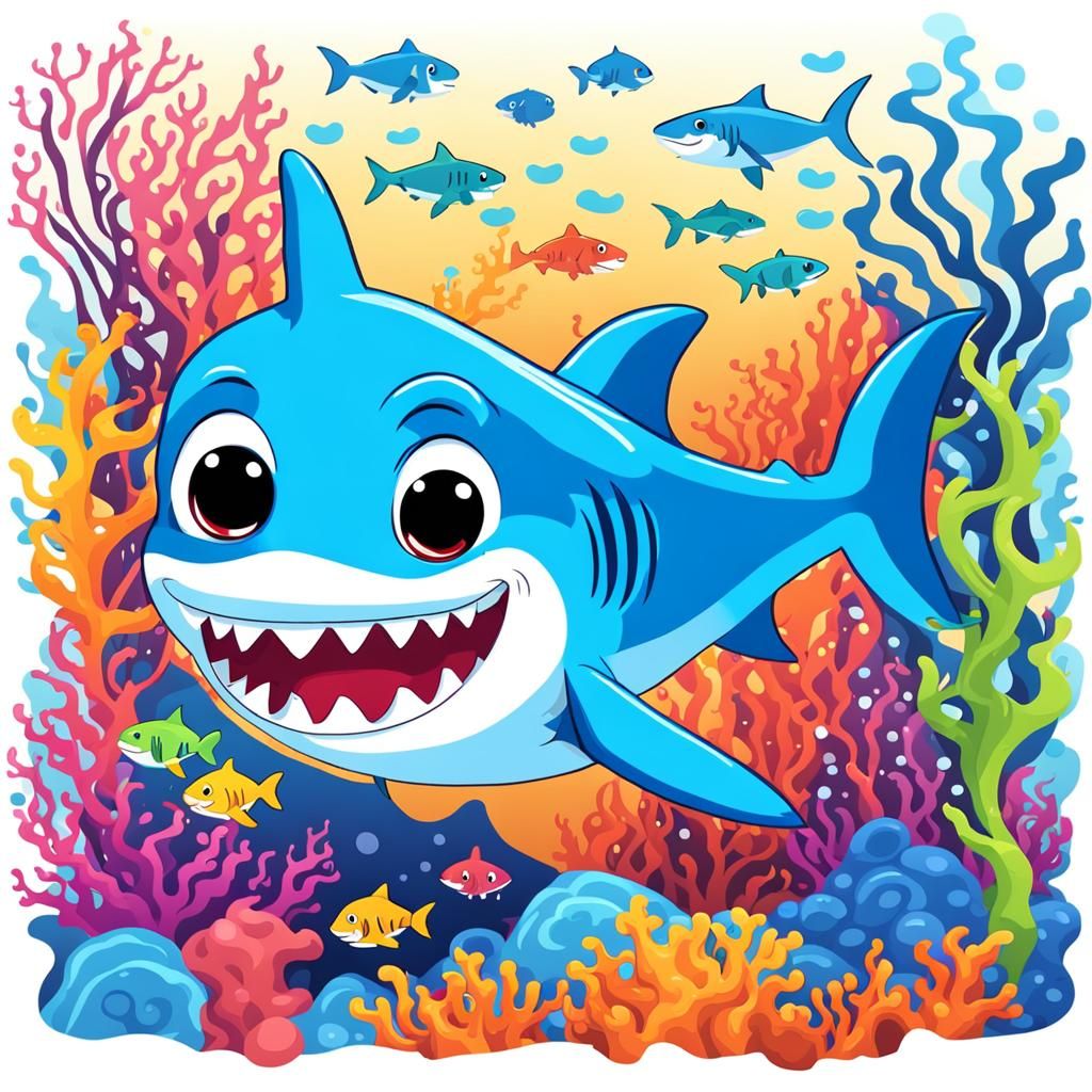 Cartoon Baby Shark Swimming by Reef, Vivid Colors