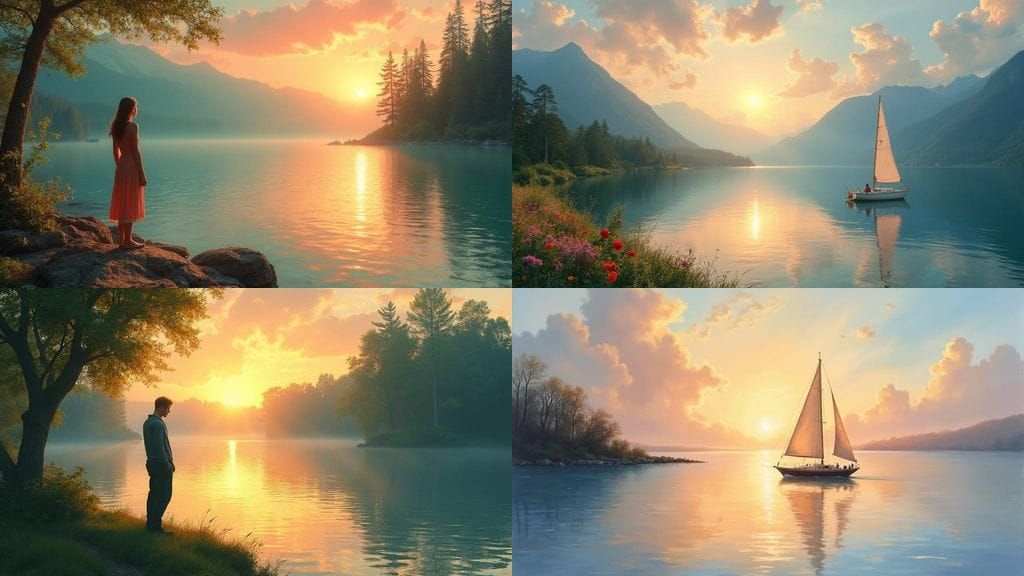 Serene Sunset Over Tranquil Lake in Soft Pastel Hues