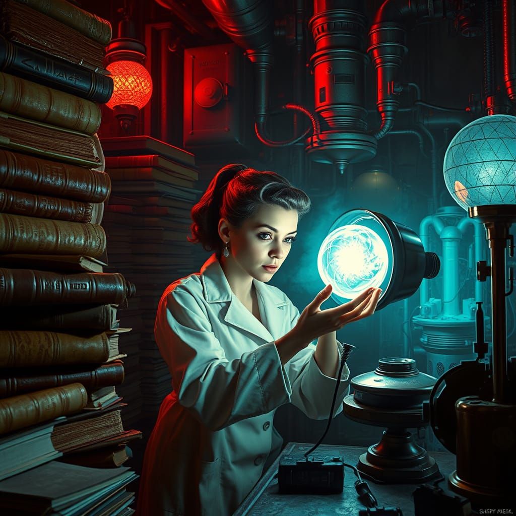 Surreal Retrofuturist Scientist Discovers Glowing Artifact