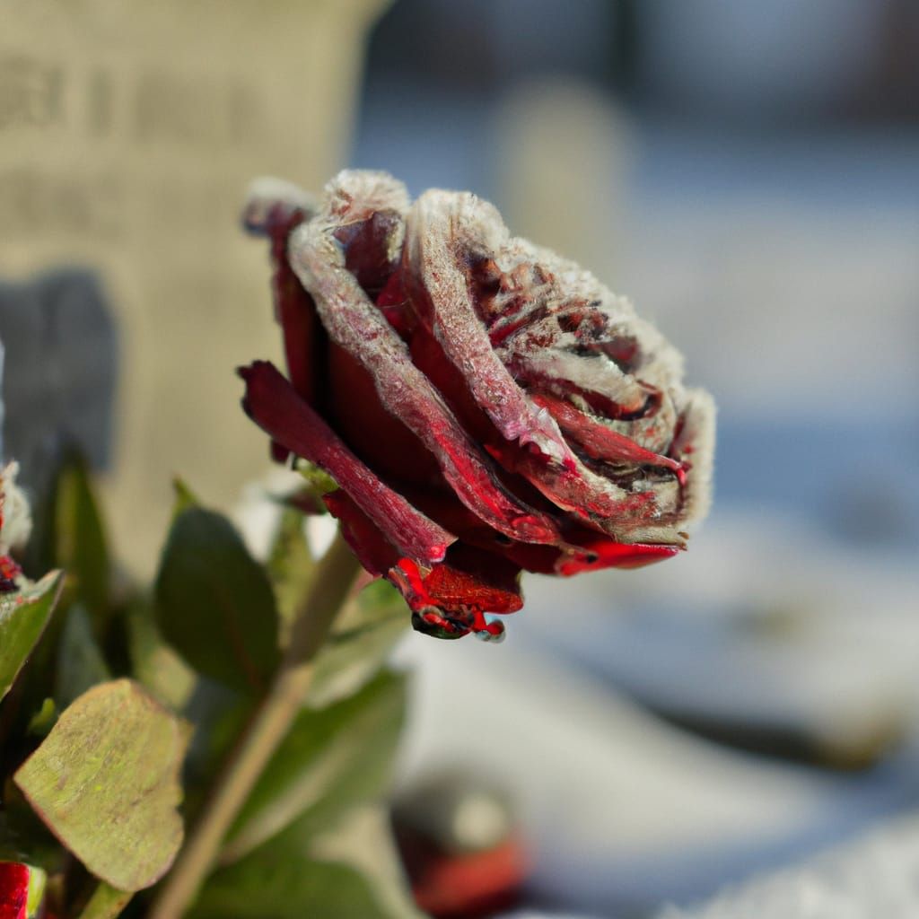 Iced Red Rose in Winter Cemetery: Hyperrealistic Photo