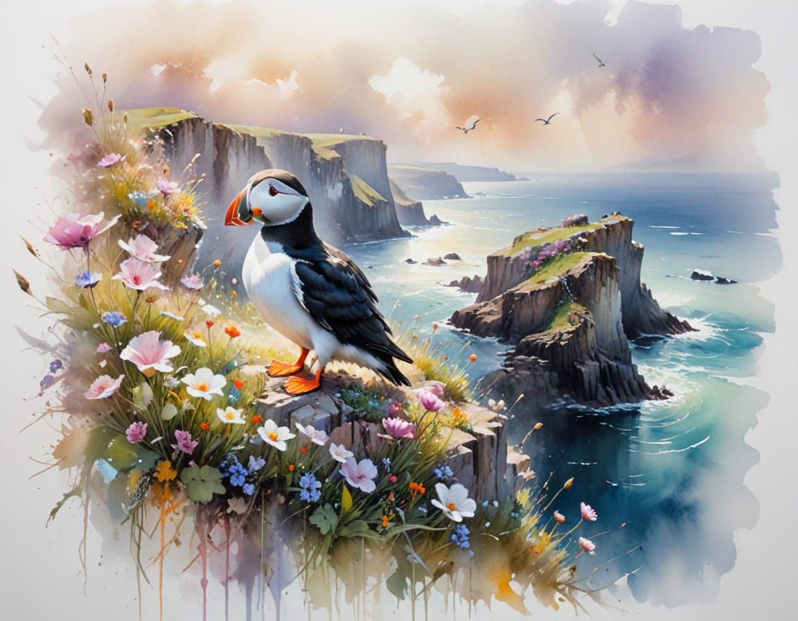 Puffin on Coastal Cliff Amidst Wildflowers