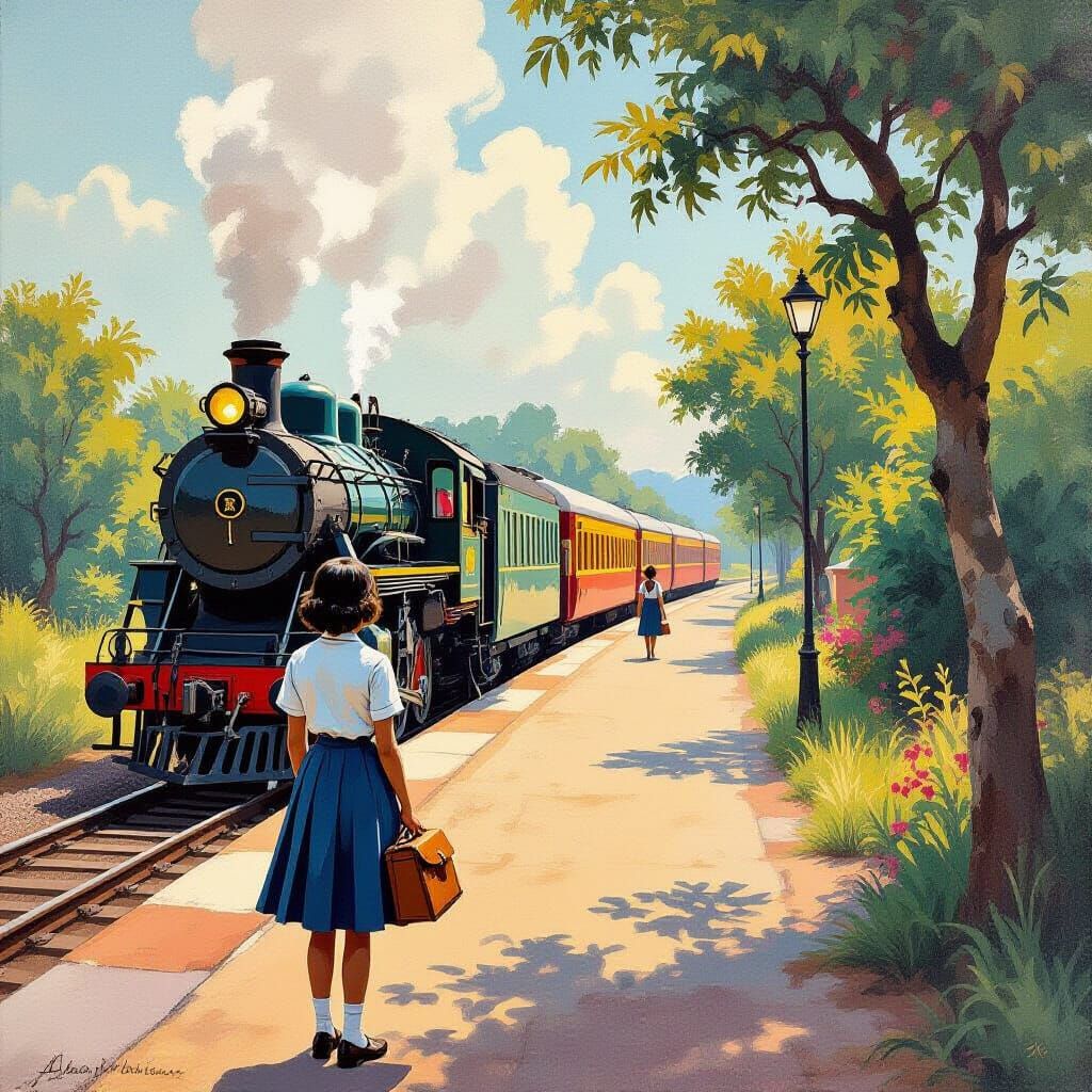 Indian Schoolgirl Awaits Train as Impressionist Painting
