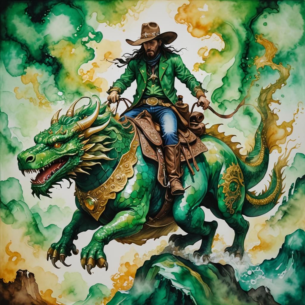 Jade Dragon Cowboy in Alcohol Ink Style