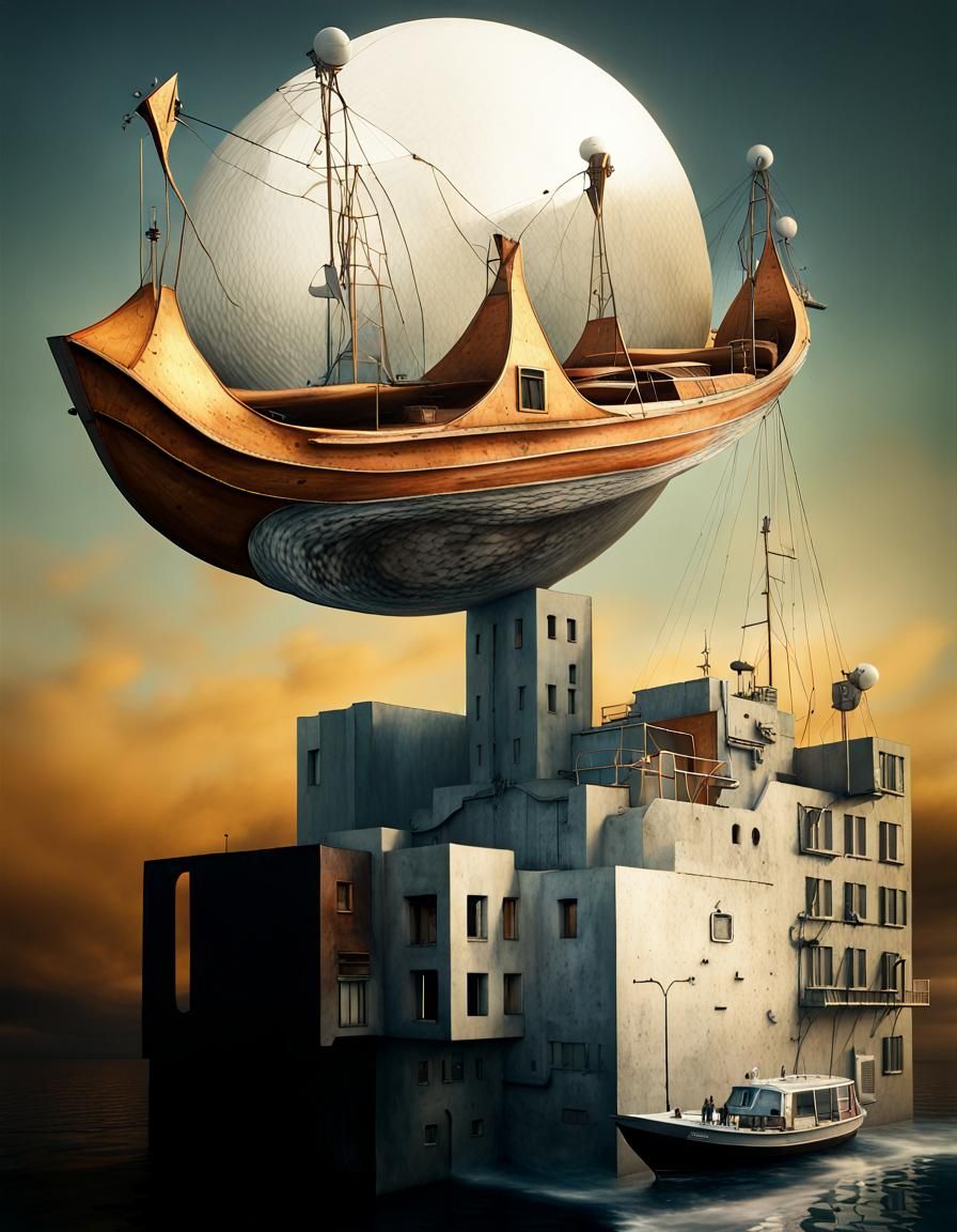 Magical Boats Sail Through a Surreal Cityscape