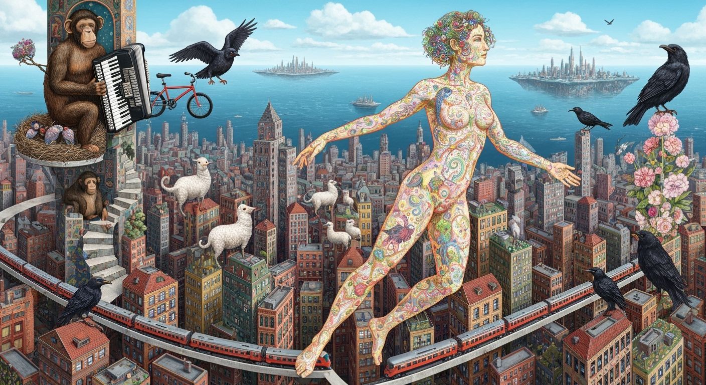 Bioluminescent Figure Gliding Over Cityscape, Surrealist Uto...