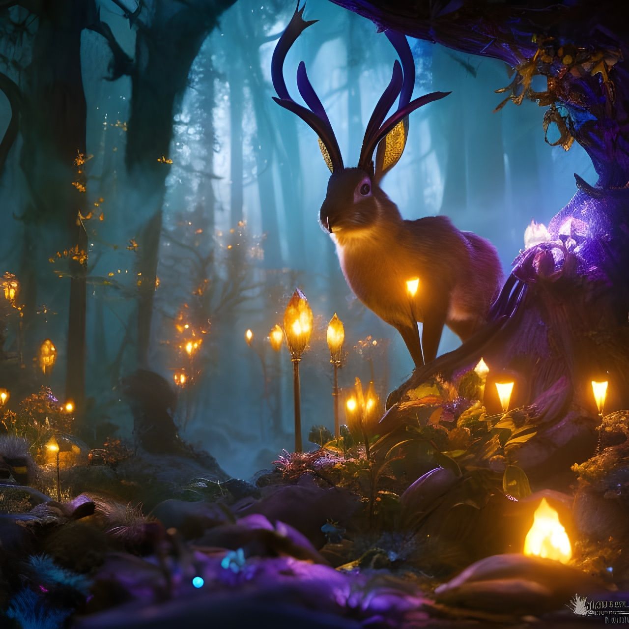 Jackalope Portrait in Enchanted Forest, Digital Art