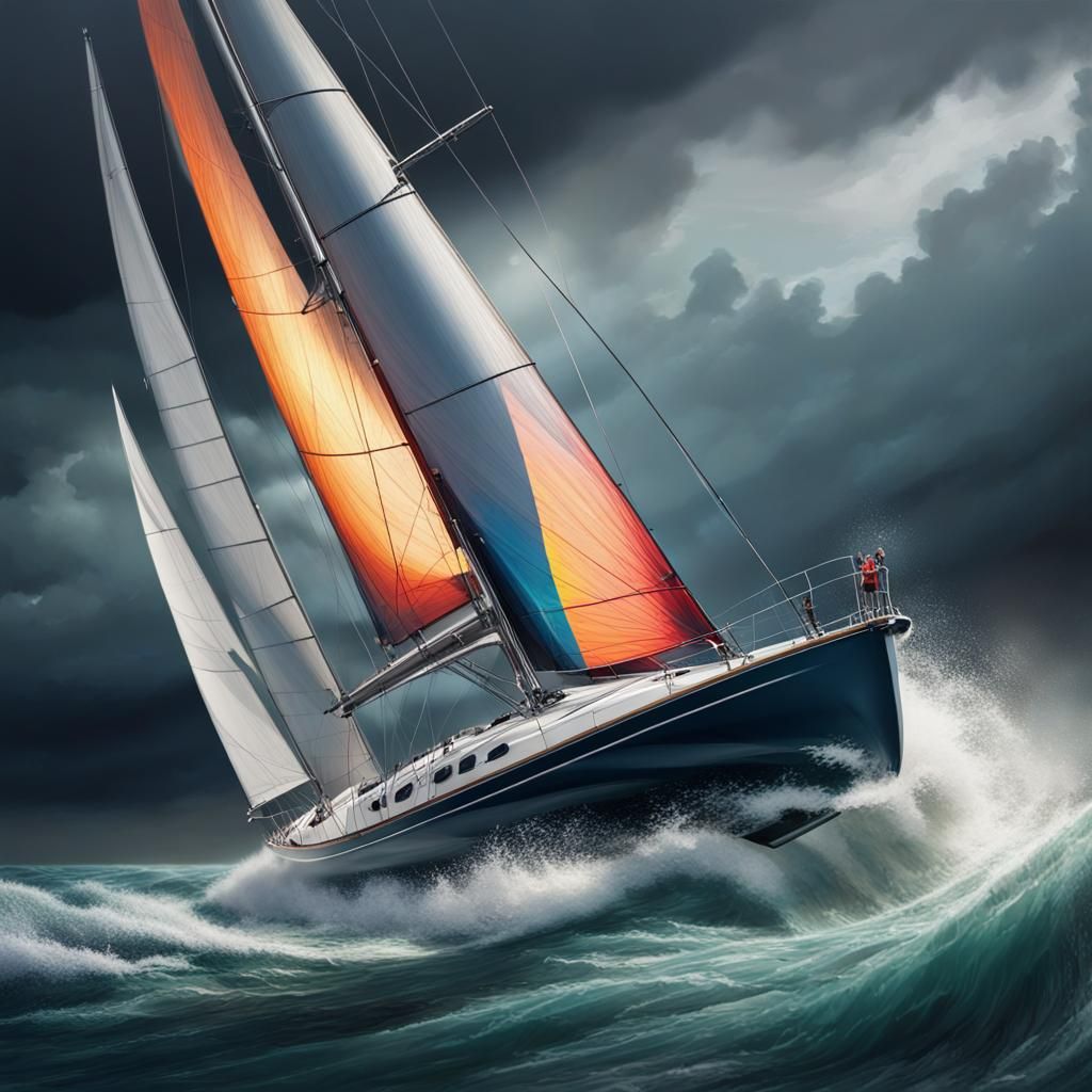 Racing Yacht in Stormy Seas: Hyperrealistic Splash Art