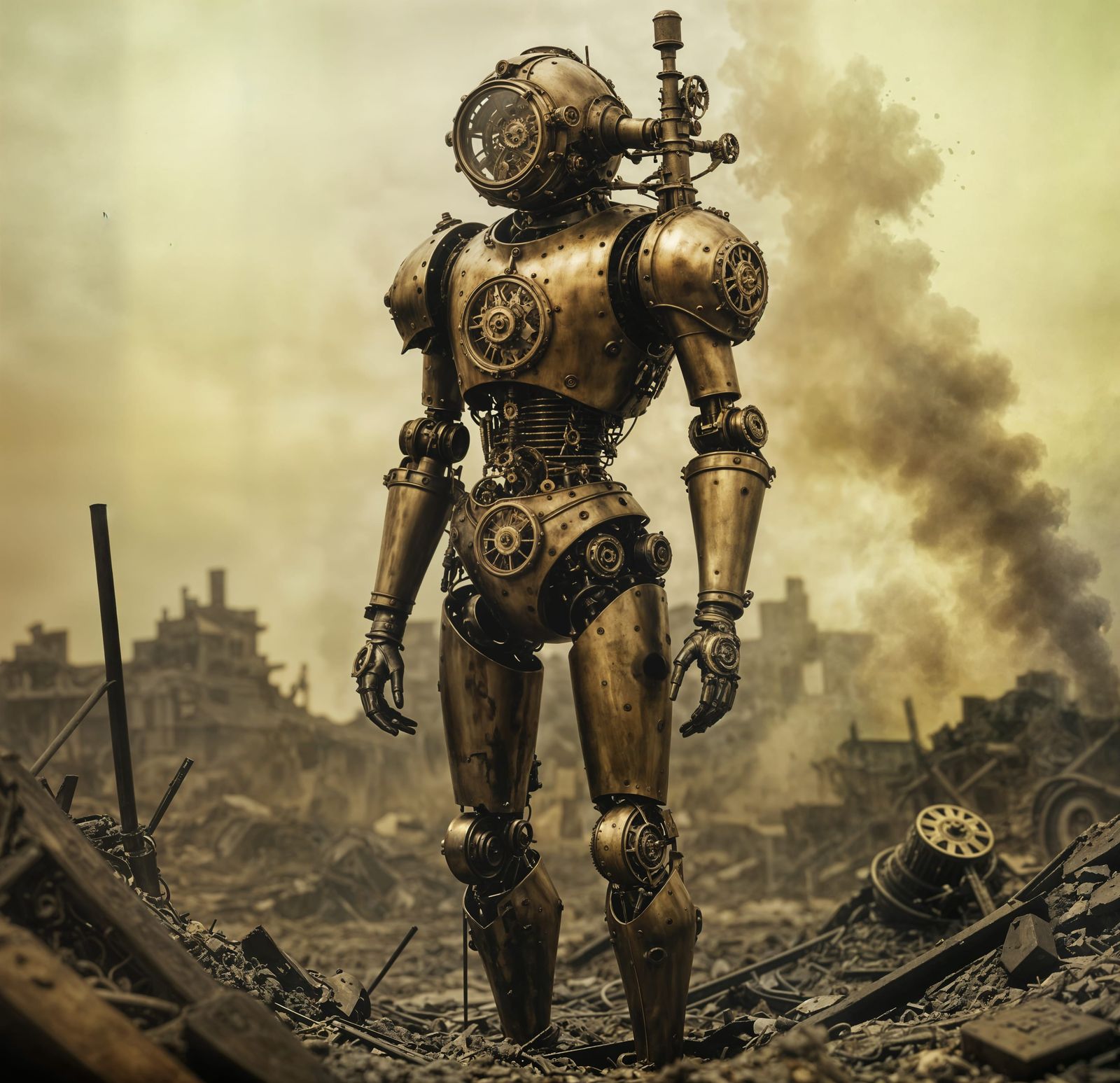 Steampunk Automaton Amidst War-Torn Battlefield