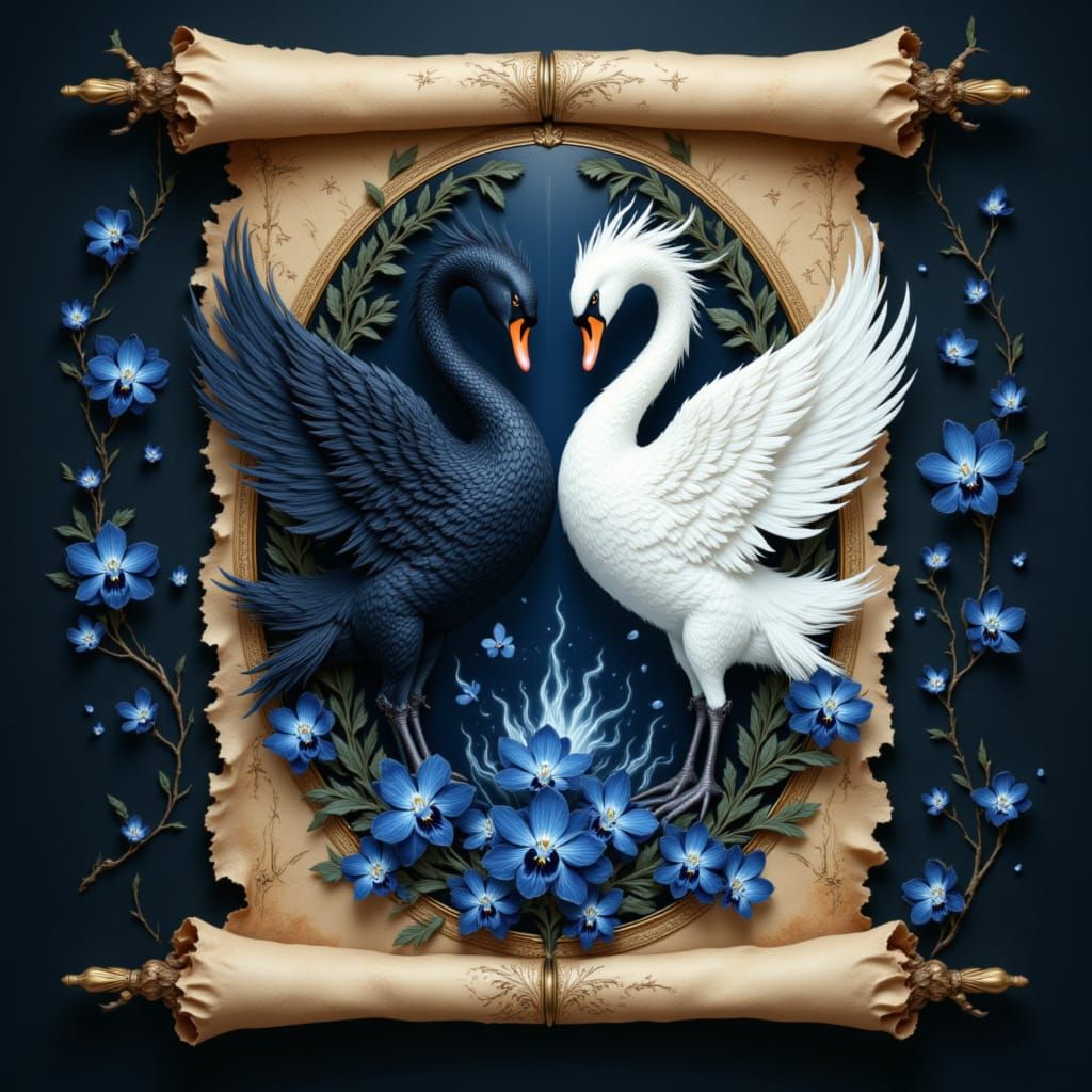 Fantasy Crest with Swans and Orchids