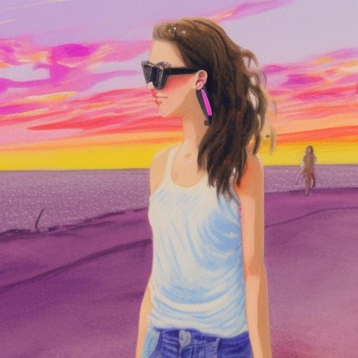 Teenage Girl at Ruined Castle: Pastel Gouache Painting